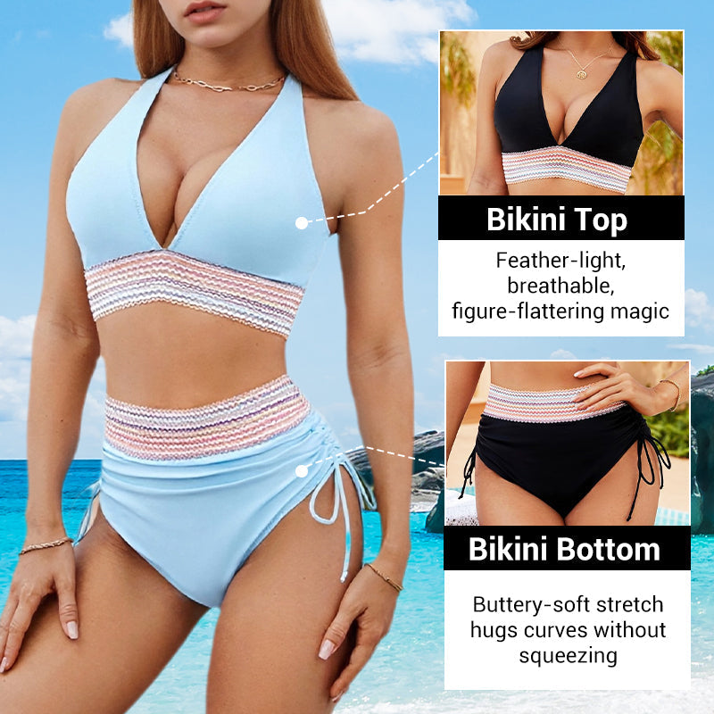 ⛱️ S-4XL 🌺 Σετ μπικίνι με ψηλή μέση και έλεγχο κοιλιάς, με χρωματικές ενώσεις 🌈👙