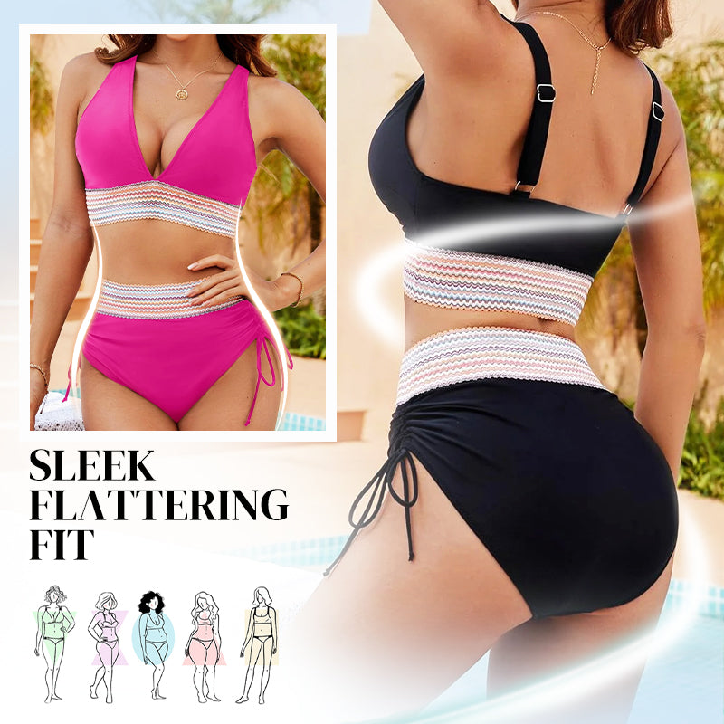 ⛱️ S-4XL 🌺 Σετ μπικίνι με ψηλή μέση και έλεγχο κοιλιάς, με χρωματικές ενώσεις 🌈👙