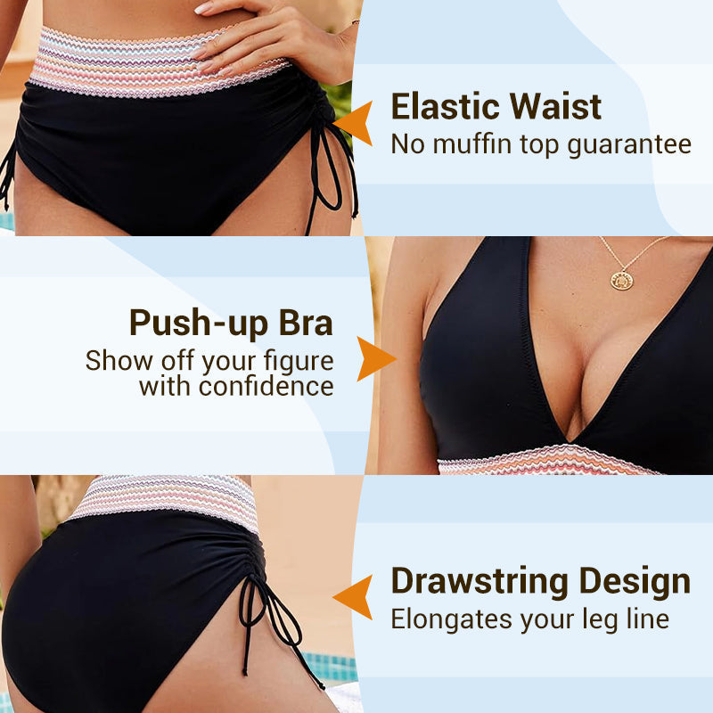 ⛱️ S-4XL 🌺 Σετ μπικίνι με ψηλή μέση και έλεγχο κοιλιάς, με χρωματικές ενώσεις 🌈👙