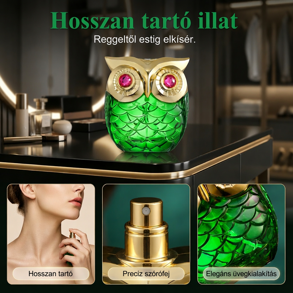 🦉 MOST 50% KEDVEZMÉNY! 🌙 Mystical Eau de Parfum – Titokzatos illat és elegáns bagoly alakú üveg – Hosszú hatástartamú, tökéletes ajándéknak vagy egyedi stílus kialakításához 💎✨
